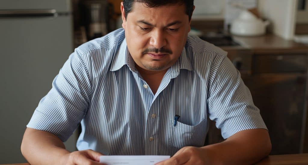 Trabajador hispano en Texas revisando su cheque de pago y una lista de derechos laborales para inmigrantes.