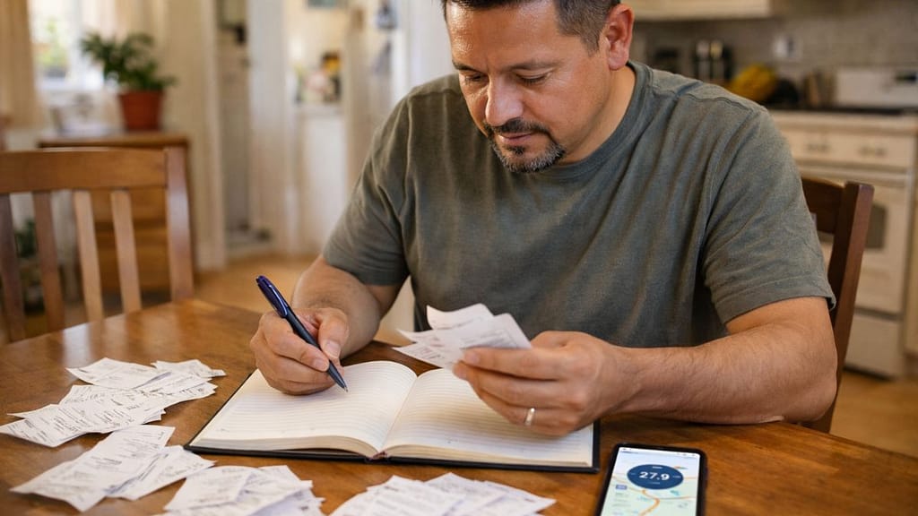Contratista hispano revisando recibos y gastos deducibles para su declaración de impuestos 1099 en EEUU
