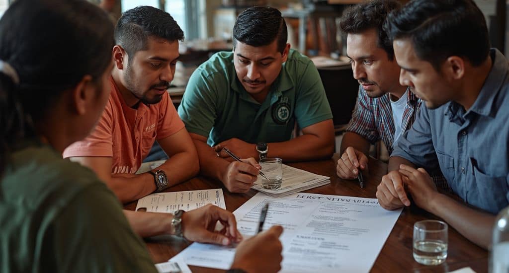 Trabajadores hispanos en Houston revisando oportunidades de empleo en construcción, salud, restaurantes y bodegas.