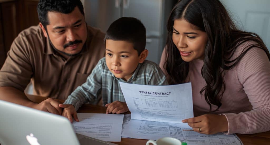 Familia hispana en Texas revisando documentos de renta y buscando ayuda para evitar un desalojo.
