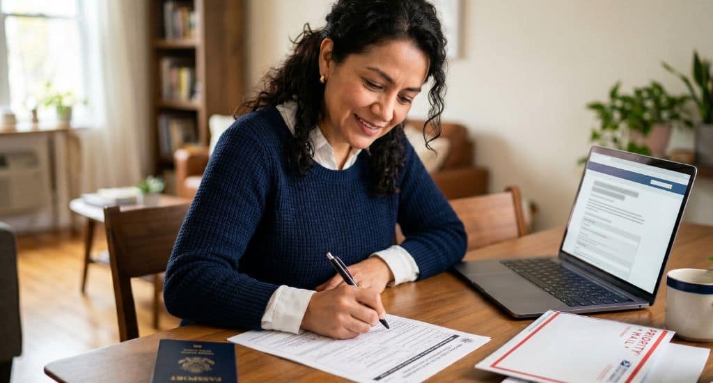 Persona preparando documentos para renovar el pasaporte americano de adulto.