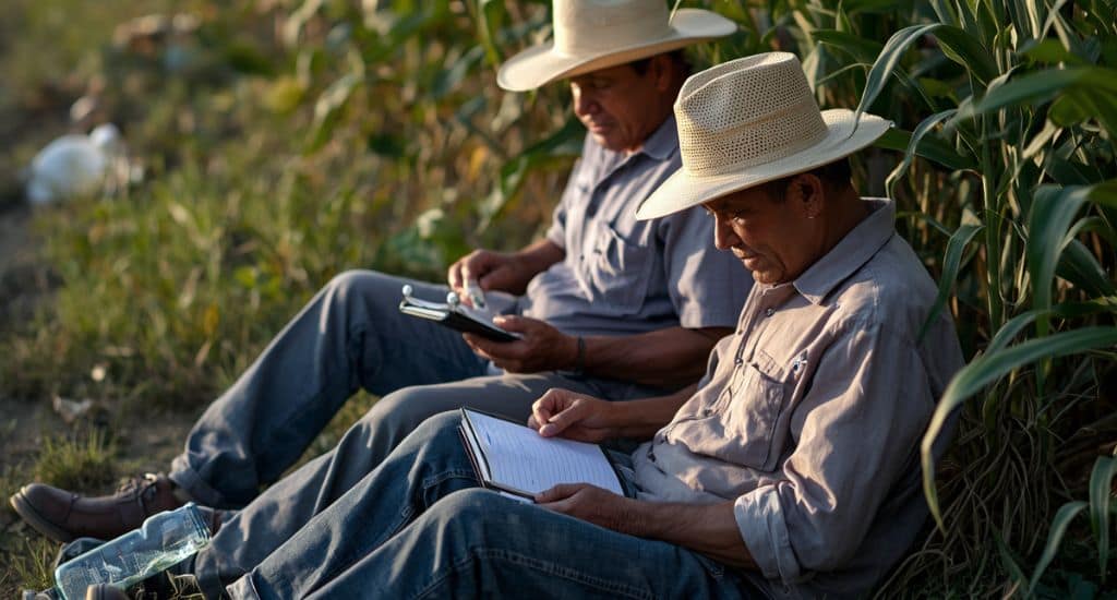 Trabajadores agrícolas hispanos en Texas revisando sus horas, pago por pieza y derechos laborales en el campo.