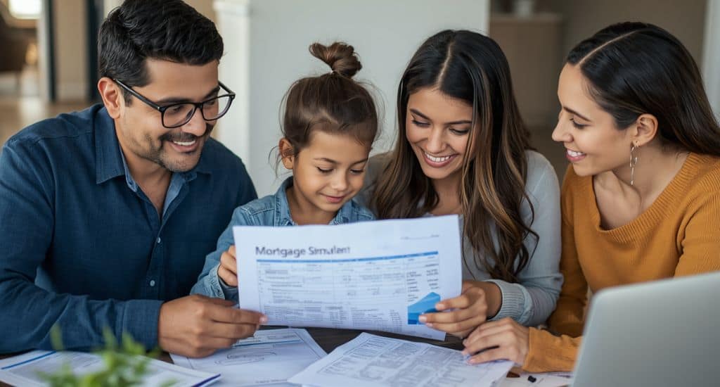 Familia hispana en Texas revisando documentos para comprar casa con ITIN y comparar opciones de préstamo hipotecario.
